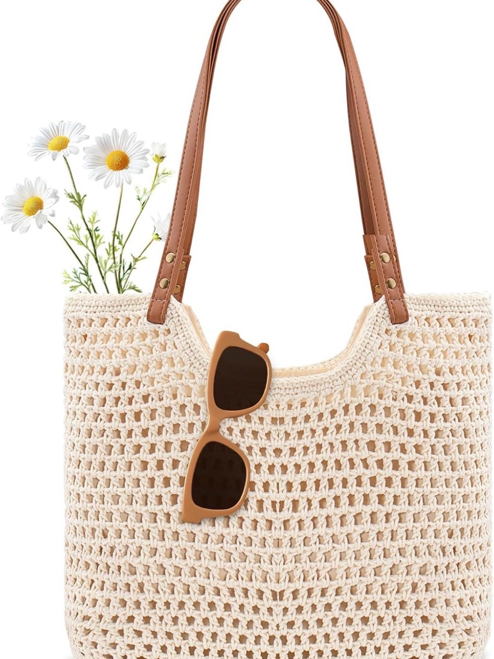 Cream Crochet Tote Bag with Tan Handles